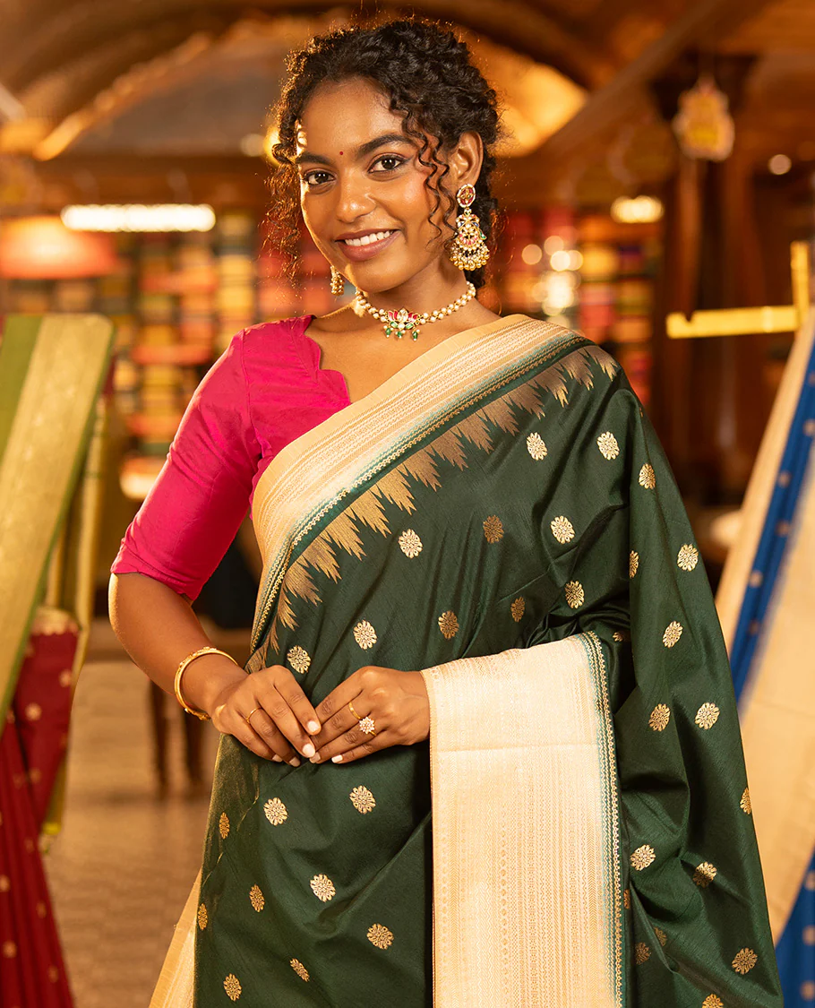 Bottle Green Dupion Silk Saree, Elevated with Zari Buttas All Over Its Body, Complemented by a Contrast Temple Traditional Zari Design Woven Border, Traditional Pallu of Temple Designs, and Paired with a Contrast Blouse - Image 2
