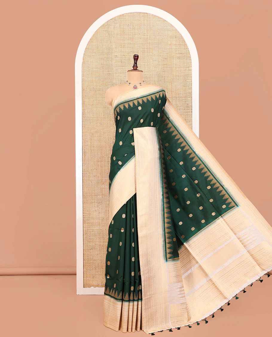 Bottle Green Dupion Silk Saree, Elevated with Zari Buttas All Over Its Body, Complemented by a Contrast Temple Traditional Zari Design Woven Border, Traditional Pallu of Temple Designs, and Paired with a Contrast Blouse - Image 3