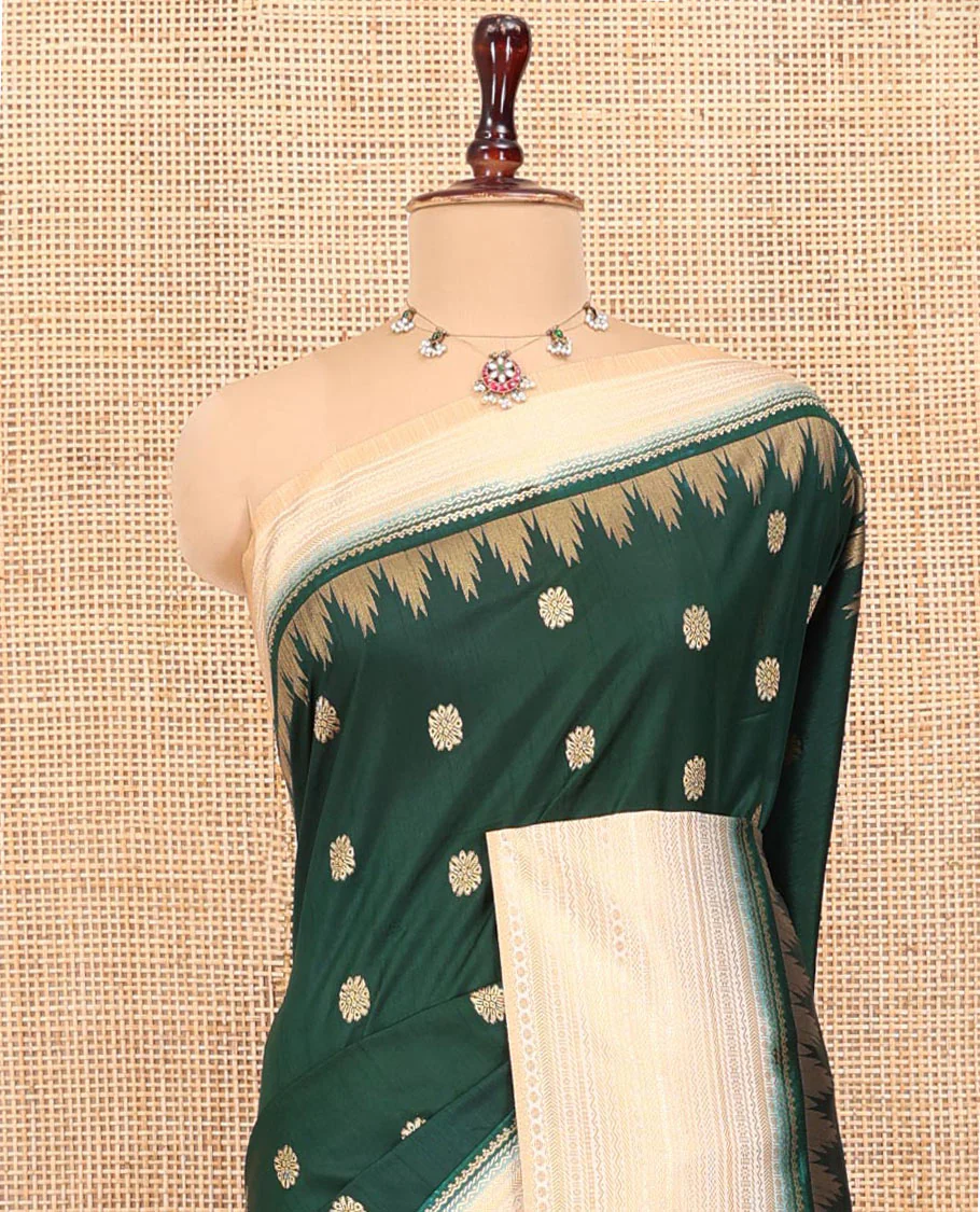 Bottle Green Dupion Silk Saree, Elevated with Zari Buttas All Over Its Body, Complemented by a Contrast Temple Traditional Zari Design Woven Border, Traditional Pallu of Temple Designs, and Paired with a Contrast Blouse - Image 4