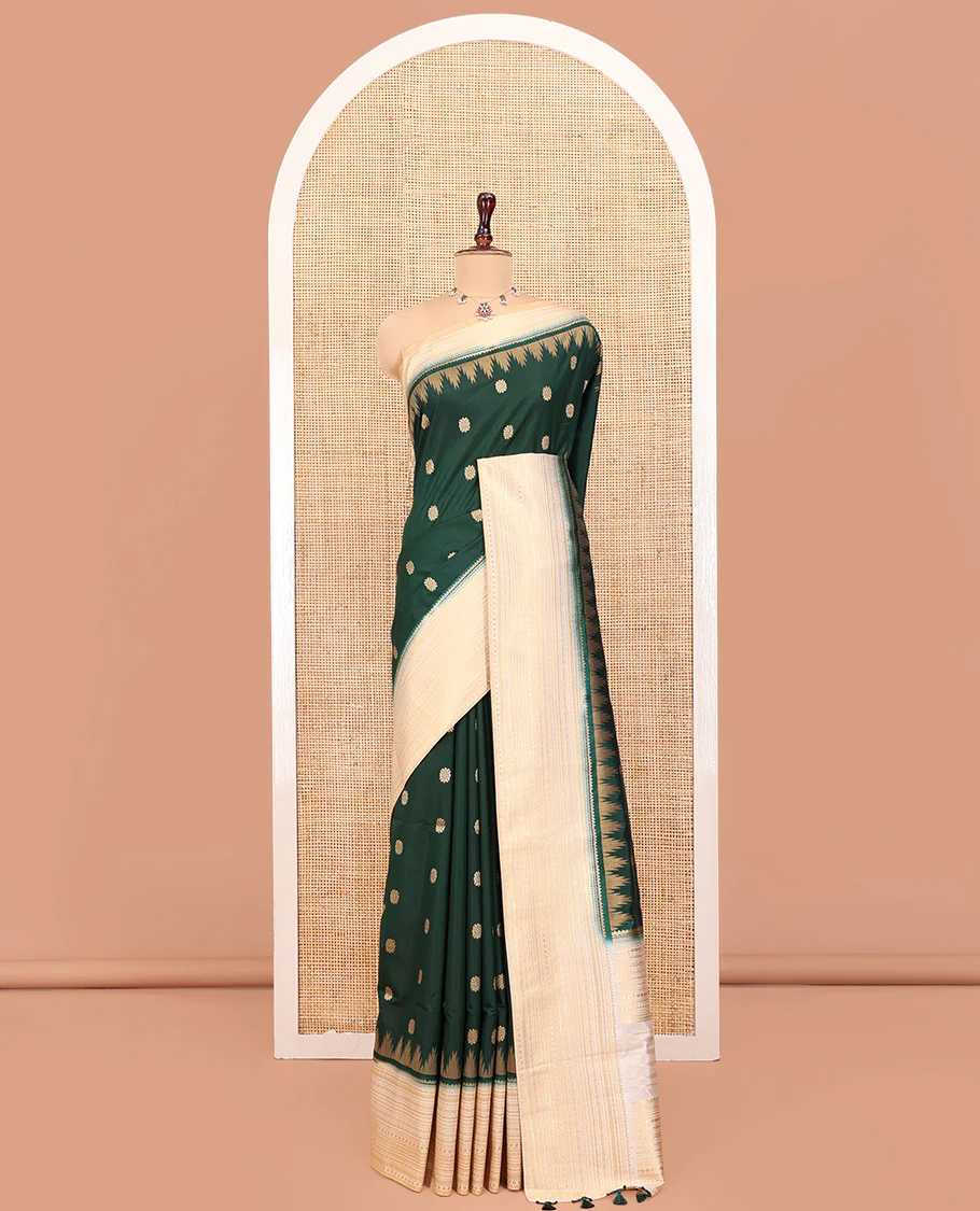 Bottle Green Dupion Silk Saree, Elevated with Zari Buttas All Over Its Body, Complemented by a Contrast Temple Traditional Zari Design Woven Border, Traditional Pallu of Temple Designs, and Paired with a Contrast Blouse - Image 5