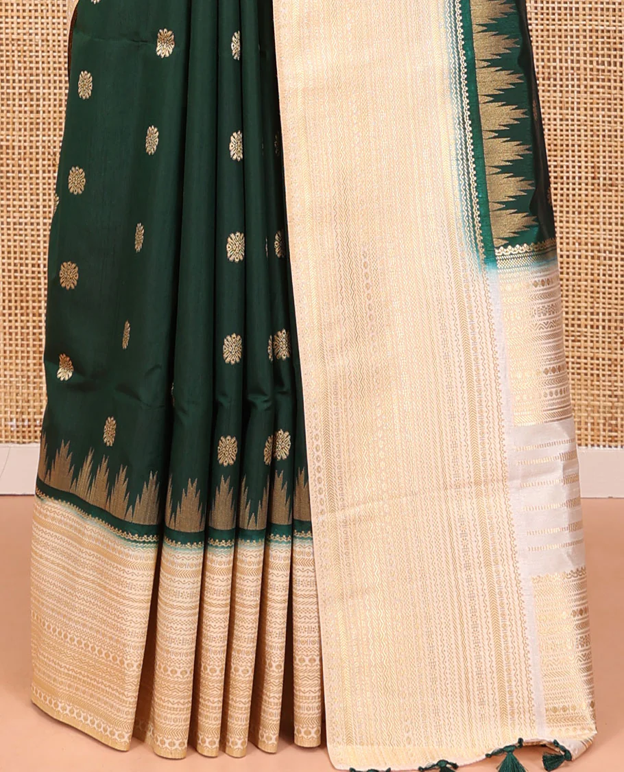 Bottle Green Dupion Silk Saree, Elevated with Zari Buttas All Over Its Body, Complemented by a Contrast Temple Traditional Zari Design Woven Border, Traditional Pallu of Temple Designs, and Paired with a Contrast Blouse - Image 6