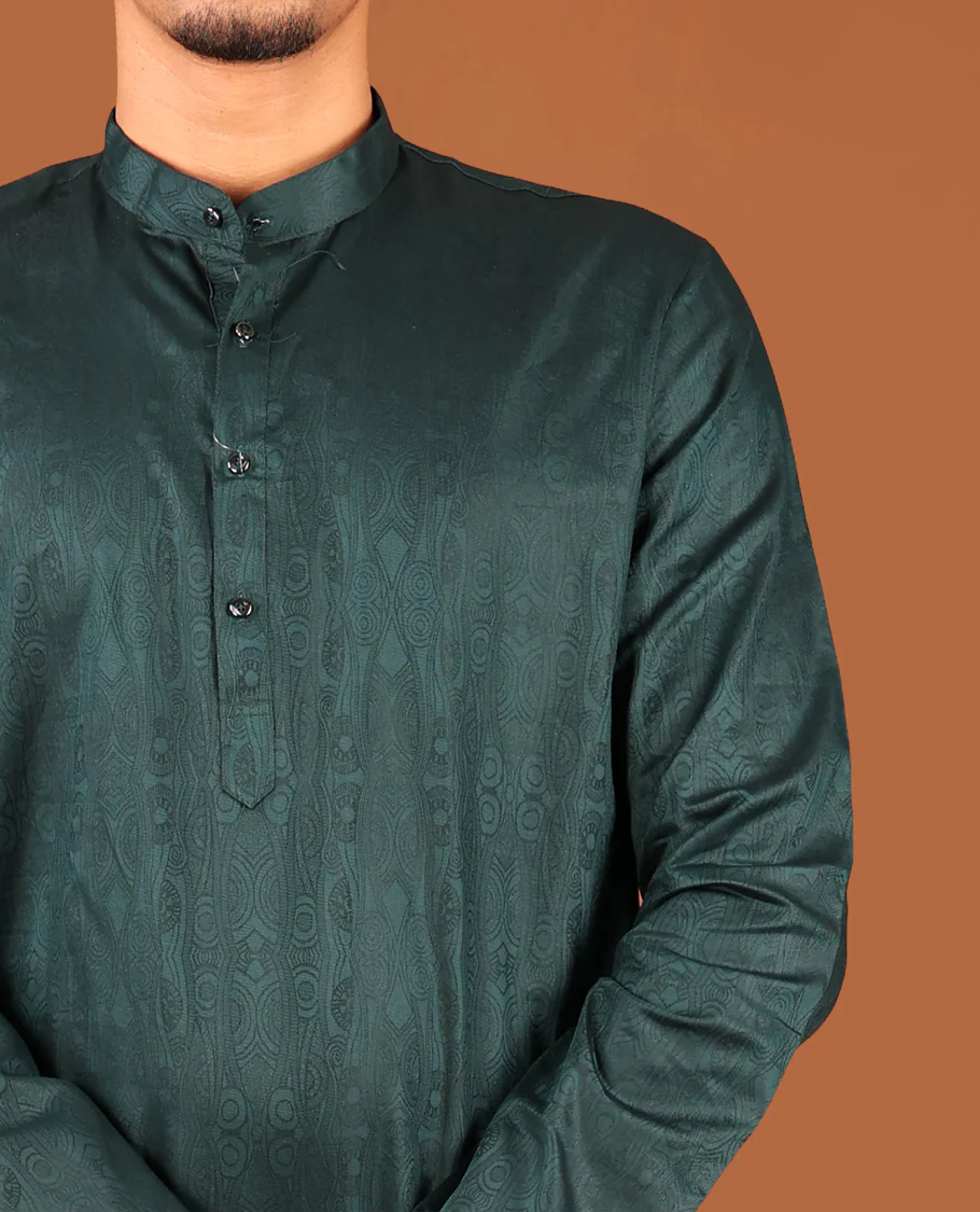Bottle Green Embossed Full-Sleeved Men's Kurta - Image 2