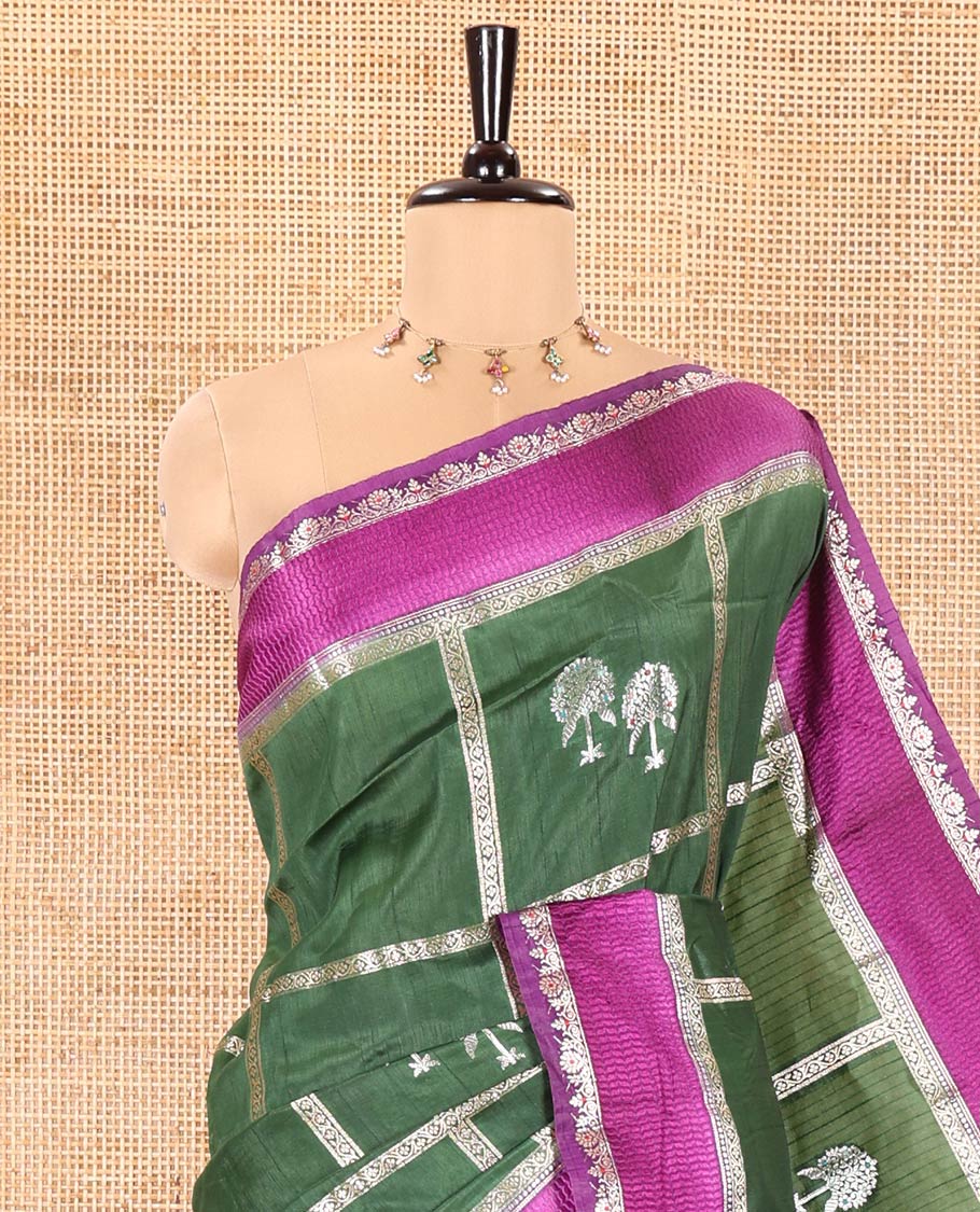 Bottle Green Green Mango-Silk Saree, Elegantly Highlighted with Meena Butta Enclosed Checks All Over Its Body, Complemented by a Contrast Floral Creeper Meenakari Border, Gleaming Zari Striped Pallu, and Paired with a Contrast Blouse - Image 2
