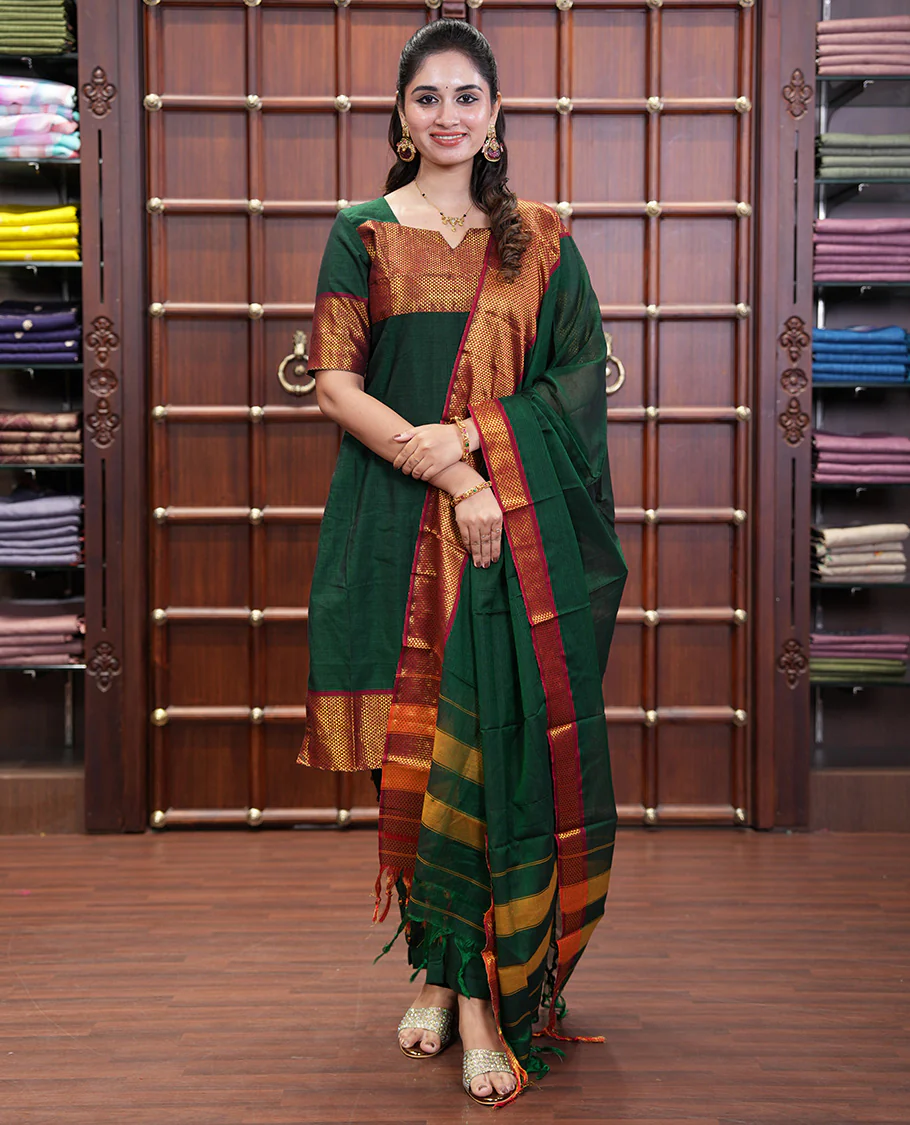 Bottle Green Mercerised Cotton Material Churidar Set, Subtly Made with Plain and Traditional Ara Maadam Bordered Top, Comes with a Plain Mercerised Cotton Bottom, and Is Paired with a Mercerised Cotton Ara Maadam Woven Dupatta