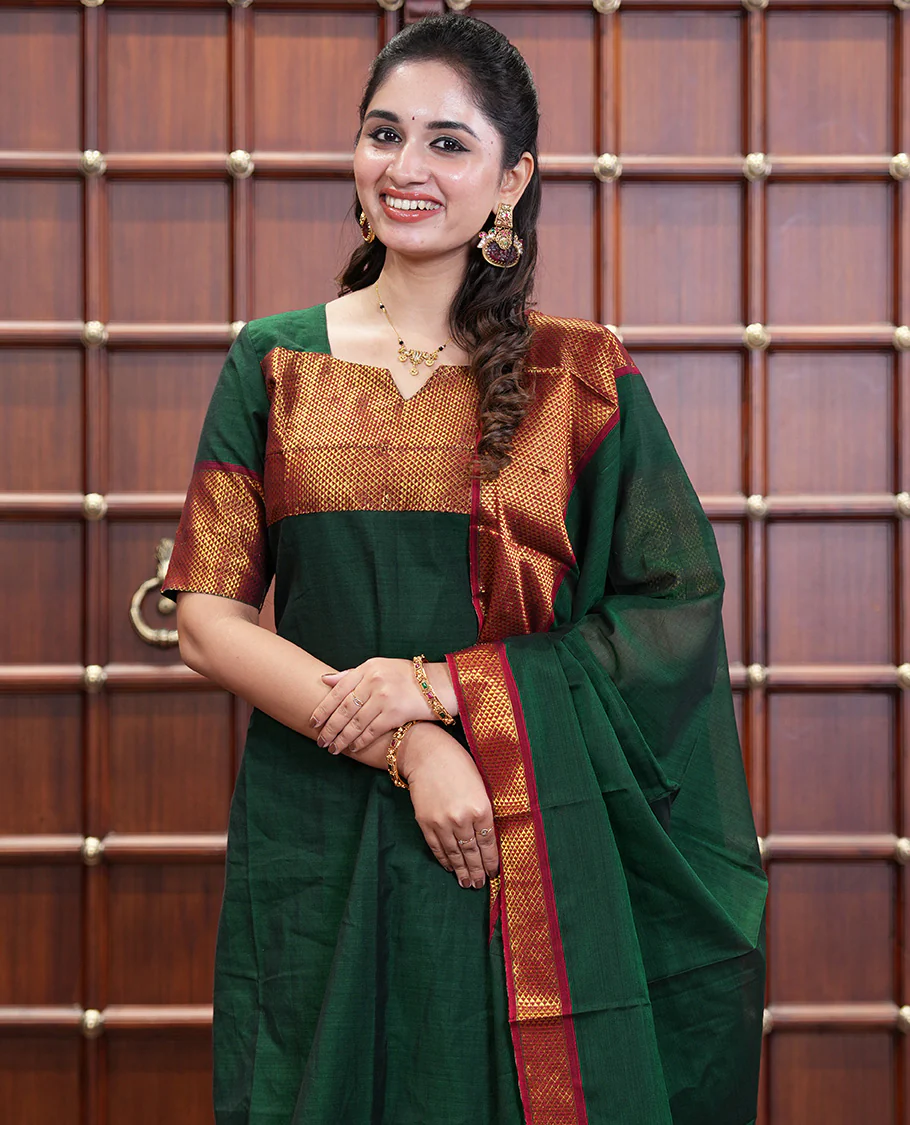 Bottle Green Mercerised Cotton Material Churidar Set, Subtly Made with Plain and Traditional Ara Maadam Bordered Top, Comes with a Plain Mercerised Cotton Bottom, and Is Paired with a Mercerised Cotton Ara Maadam Woven Dupatta - Image 2