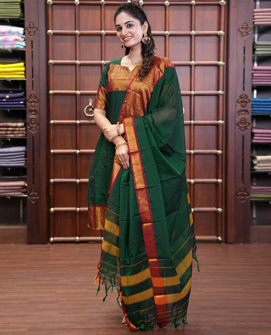 Bottle Green Mercerised Cotton Material Churidar Set, Subtly Made with Plain and Traditional Ara Maadam Bordered Top, Comes with a Plain Mercerised Cotton Bottom, and Is Paired with a Mercerised Cotton Ara Maadam Woven Dupatta - Image 3