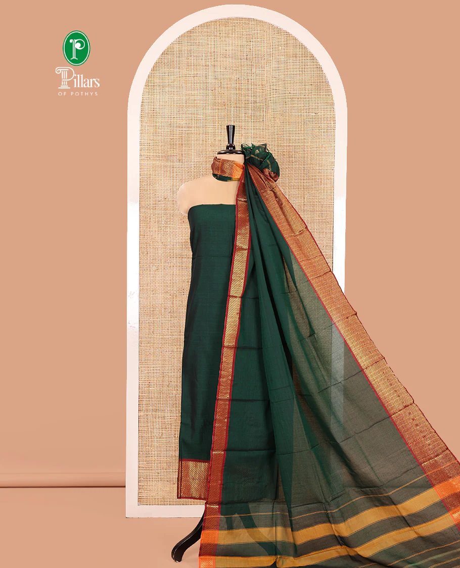 Bottle Green Mercerised Cotton Material Churidar Set, Subtly Made with Plain and Traditional Ara Maadam Bordered Top, Comes with a Plain Mercerised Cotton Bottom, and Is Paired with a Mercerised Cotton Ara Maadam Woven Dupatta - Image 4