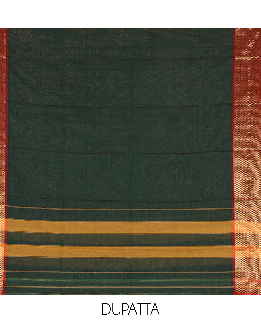 Bottle Green Mercerised Cotton Material Churidar Set, Subtly Made with Plain and Traditional Ara Maadam Bordered Top, Comes with a Plain Mercerised Cotton Bottom, and Is Paired with a Mercerised Cotton Ara Maadam Woven Dupatta - Image 5