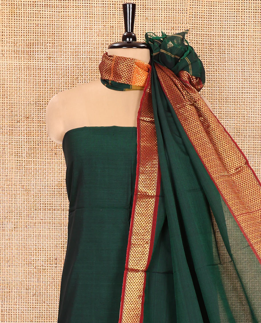 Bottle Green Mercerised Cotton Material Churidar Set, Subtly Made with Plain and Traditional Ara Maadam Bordered Top, Comes with a Plain Mercerised Cotton Bottom, and Is Paired with a Mercerised Cotton Ara Maadam Woven Dupatta - Image 6