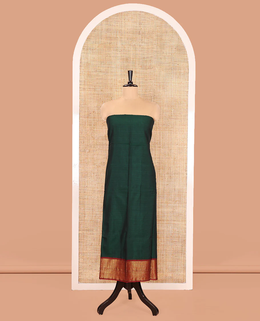 Bottle Green Mercerised Cotton Material Churidar Set, Subtly Made with Plain and Traditional Ara Maadam Bordered Top, Comes with a Plain Mercerised Cotton Bottom, and Is Paired with a Mercerised Cotton Ara Maadam Woven Dupatta - Image 7