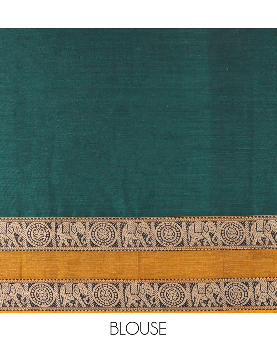 Bottle Green-Mustard Mercerised Cotton Half-Saree Features Plain with Contrast Rettai Pettu Elephant-Chakram Bordered Skirt, Paired with a Matching Blouse, and Comes with a Contrast Elephant-Chakram-Bordered Dhavani - Image 4
