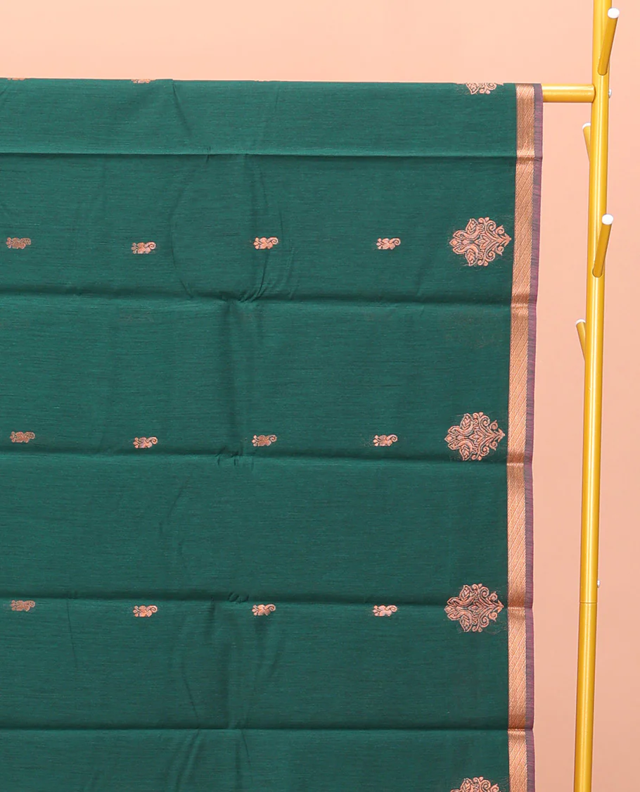 Bottle Green Semi-Silk Cotton Saree, Beautifully Bedecked with Zari Buttas All Over Its Body, a Subtle Piping Border, Complemented by a Contrast Pallu of Butta Enclosed Checked Designs, and Paired with a Contrast Blouse - Image 2