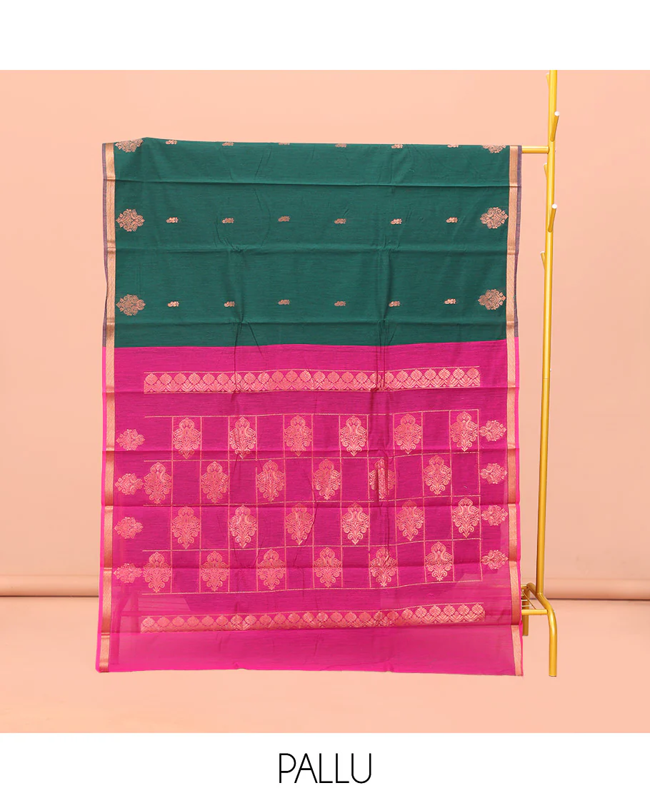Bottle Green Semi-Silk Cotton Saree, Beautifully Bedecked with Zari Buttas All Over Its Body, a Subtle Piping Border, Complemented by a Contrast Pallu of Butta Enclosed Checked Designs, and Paired with a Contrast Blouse - Image 3
