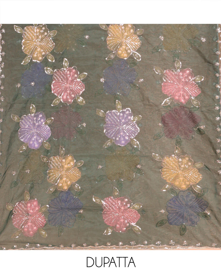 Bottle Green Vichitra Silk Material Chudidar Set, Adorned with Pom-Pom Necklined Top, a Plain Santoon Bottom, and Paired Scallop Multi-Color Floral Embroidered Organza Dupatta - Image 2