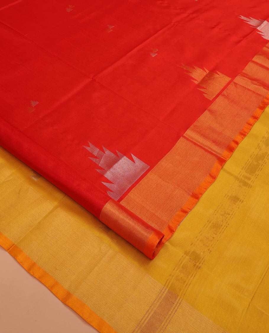 Bright Red Uppada Silk Saree Gleaming Up with Zari Temple Buttas, Features Temple Zari Border, Captivating Contrast Pallu of Temple Buttas, and Paired with a Contrast Blouse - Image 2