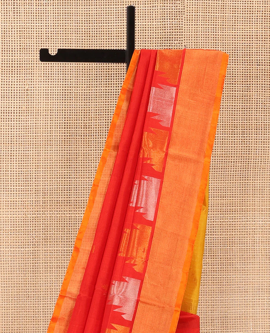 Bright Red Uppada Silk Saree Gleaming Up with Zari Temple Buttas, Features Temple Zari Border, Captivating Contrast Pallu of Temple Buttas, and Paired with a Contrast Blouse - Image 3