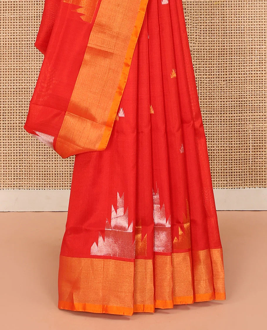 Bright Red Uppada Silk Saree Gleaming Up with Zari Temple Buttas, Features Temple Zari Border, Captivating Contrast Pallu of Temple Buttas, and Paired with a Contrast Blouse - Image 4