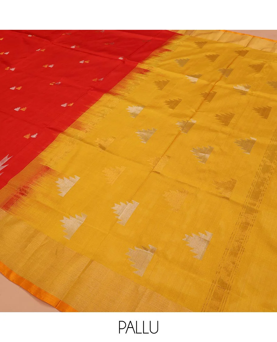 Bright Red Uppada Silk Saree Gleaming Up with Zari Temple Buttas, Features Temple Zari Border, Captivating Contrast Pallu of Temple Buttas, and Paired with a Contrast Blouse - Image 5