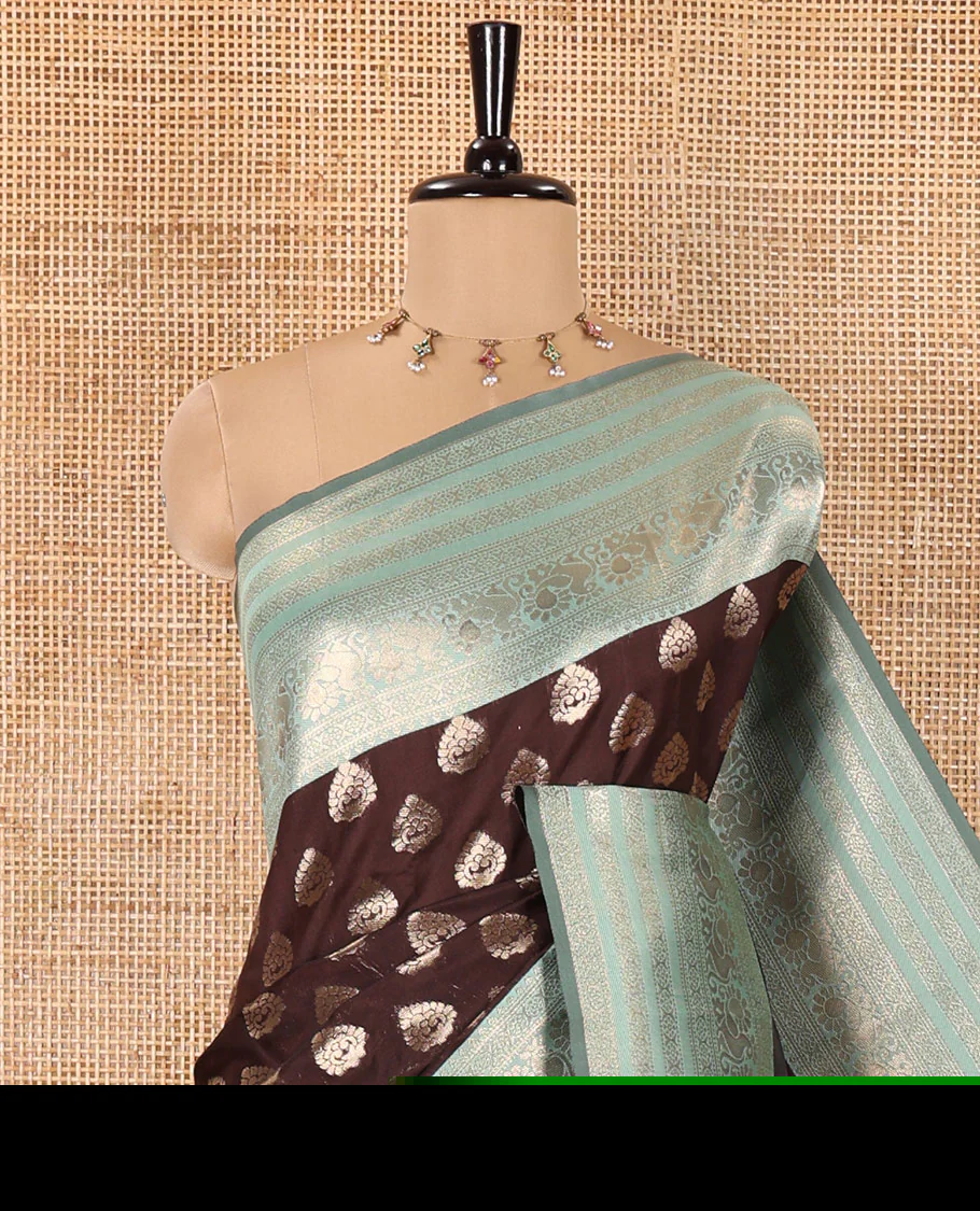 Brown and Green Kanchi Silk Saree, Meticulously Crafted with Zari Buttas All Over Its Body, Complemented by a Contrast Traditional Zari Border of Peacock Designs, an Intricately Designed Pallu, and Paired with a Contrast Blouse - Image 2