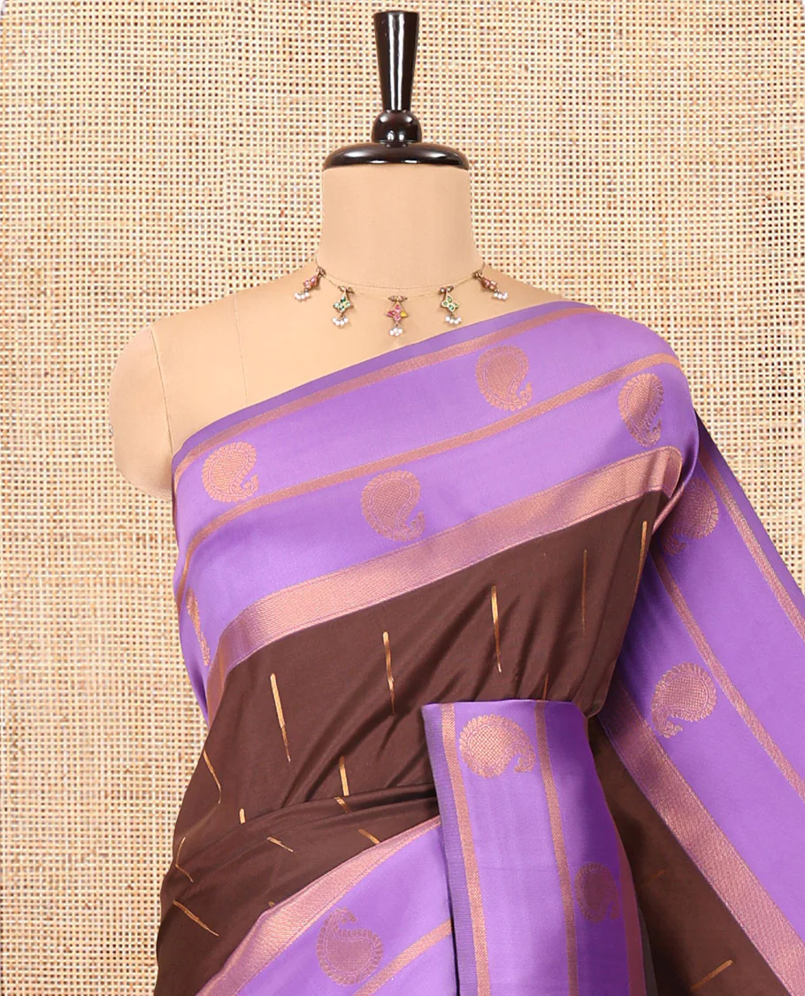 Brown and Lavender Kanchi Silk Saree, Adorned with Zari Buttas All Over Its Body, Complemented by a Contrast Border of Paisleys, Zari-Striped Pallu, and Paired with a Contrast Jacquard Blouse - Image 2