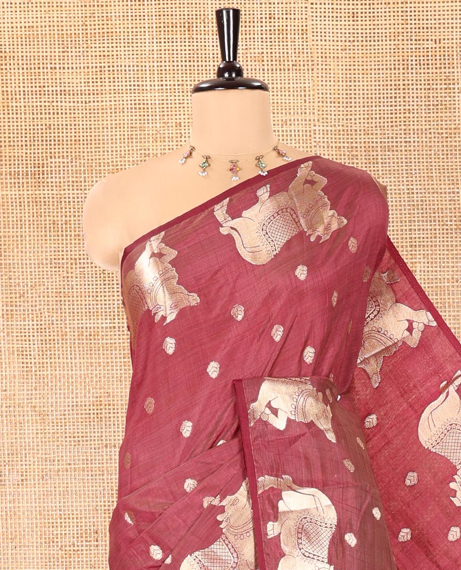 Brown Art Tussar Saree, Graced with Gold Zari Buttas All Over Its Body, Highlighted by a Zari Border of Pichwai Cow Motifs, Grandly Woven Pallu, and Paired with a Matching Blouse - Image 2