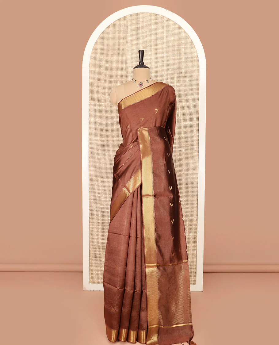 Brown Banana Pith Saree Decorated with Zari Temple Buttas, Delicately Woven Temple Zari Border, Gleaming Zari Pallu of Horizontal Stripes in Zari, and Paired with a Matching Plain Blouse - Image 3