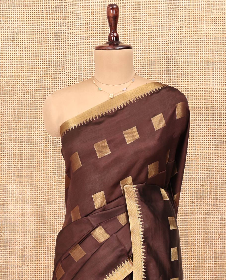 Brown Banana Pith Saree, Detailed with Square Buttas on Its Body, Subtly Temple Border, Pallu Steeped with Stripes, and Paired with a Matching Blouse - Image 2