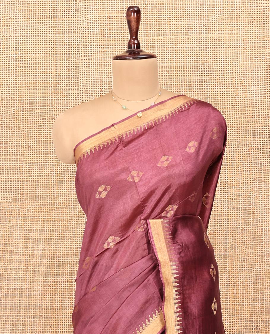 Brown Banana Pith Saree, Enriched with Diamond Buttas on Its Body, Subtle Temple Border, Pallu Steeped with Zari Stripes, and Paired with a Matching Blouse - Image 2
