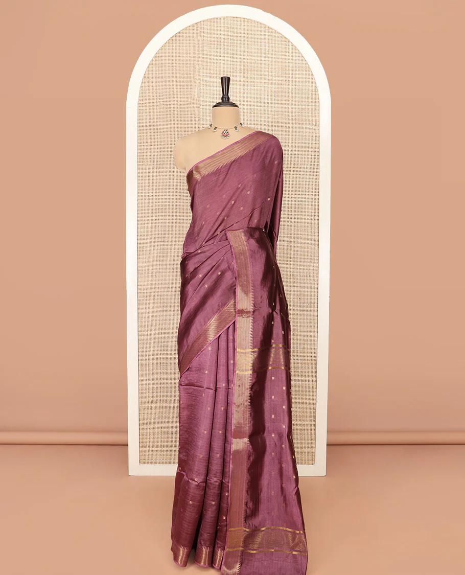 Brown Banana Pith Saree Graced with Zari Buttas, Temple Border of Zari Designs, Subtle Pallu of Zari Designs, and Paired with a Matching Blouse - Image 3