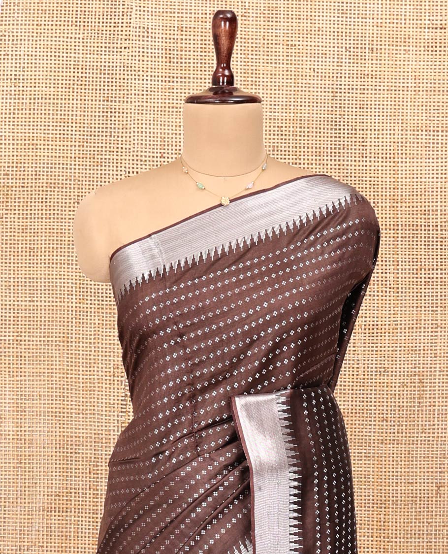 Brown Banana Pith Saree, Richly Detailed with Diamond Buttas All Over Its Body, Subtle Temple Zari Border, Pallu Steeped with Stripes, and Paired with a Matching Blouse - Image 2