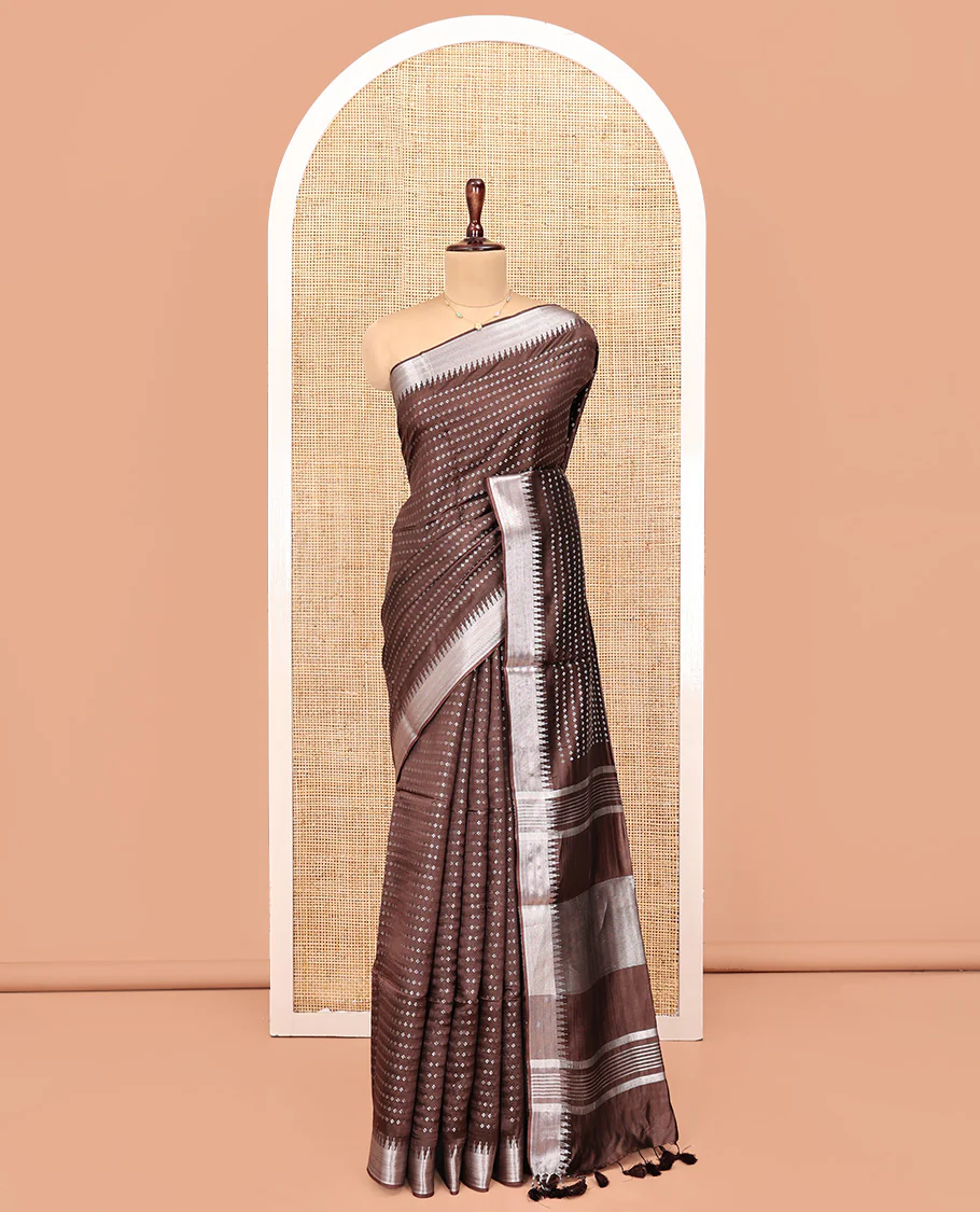 Brown Banana Pith Saree, Richly Detailed with Diamond Buttas All Over Its Body, Subtle Temple Zari Border, Pallu Steeped with Stripes, and Paired with a Matching Blouse - Image 3