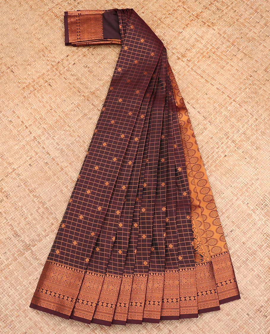 Brown Budget Silk Saree, Embellished with Zari Buttas and Checks All Over Its Body, Highlighted by a Traditional Zari Design Border, Grand Pallu, and Paired with a Matching Blouse - Image 2
