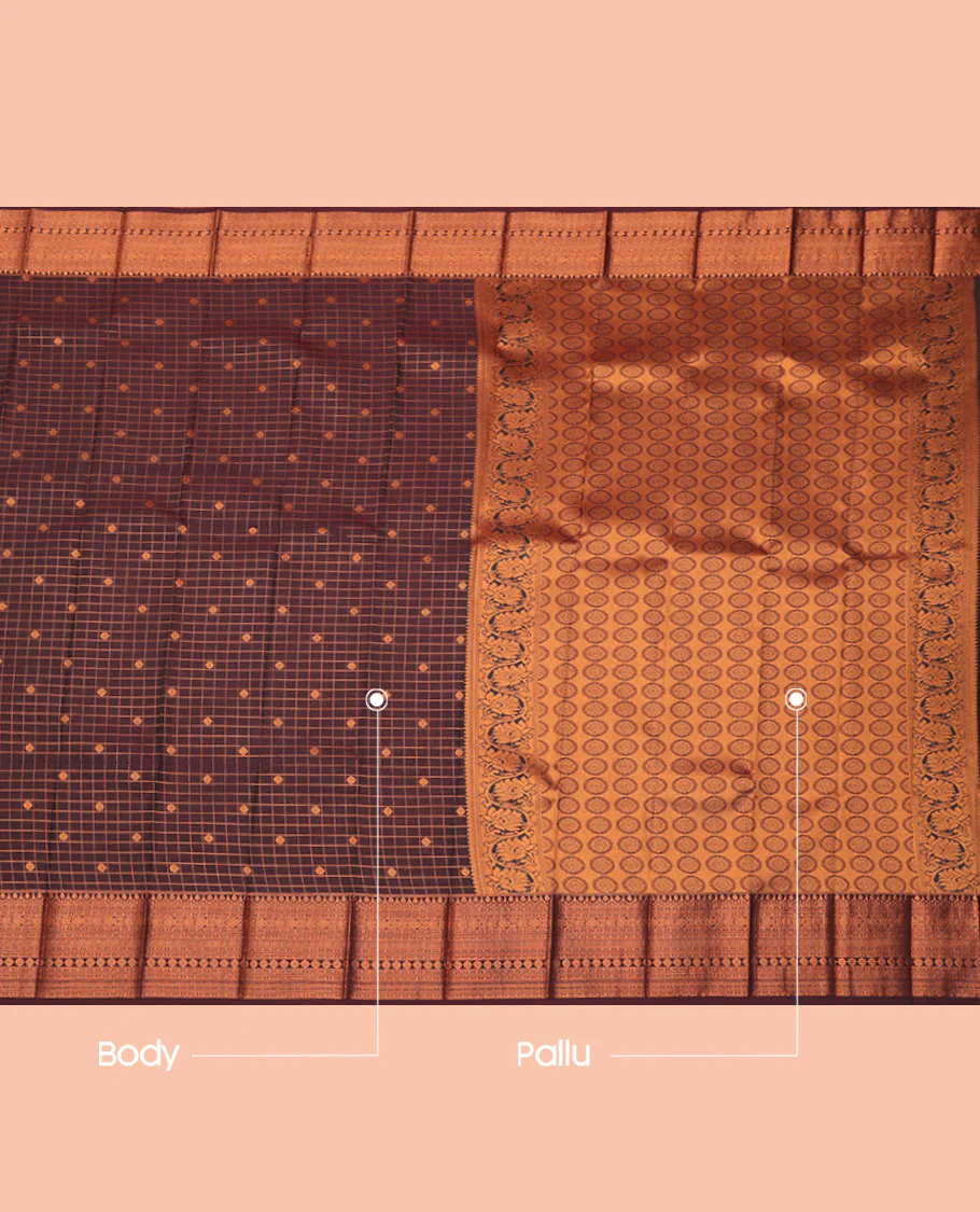 Brown Budget Silk Saree, Embellished with Zari Buttas and Checks All Over Its Body, Highlighted by a Traditional Zari Design Border, Grand Pallu, and Paired with a Matching Blouse - Image 3