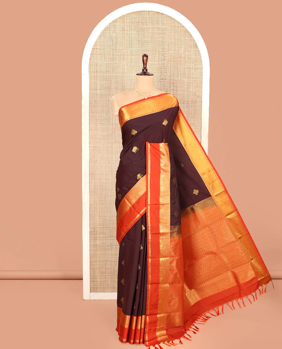 Brown Budget Silk Saree, Enriched with Zari Buttas on Its Body, Complemented by a Contrast Traditional Zari Design Rettai Pettu Border, Majestically Detailed Pallu, and Paired with a Contrast Blouse - Image 3