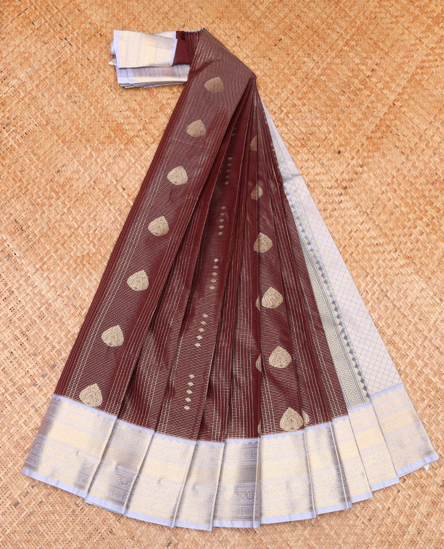 Brown Budget Silk Saree, Majestically Detailed with Zari Buttas and Checks on Its Body, Complemented by a Contrast Traditional Zari Design Border, Grand Jaal Pallu, and Paired with a Contrast Blouse - Image 2