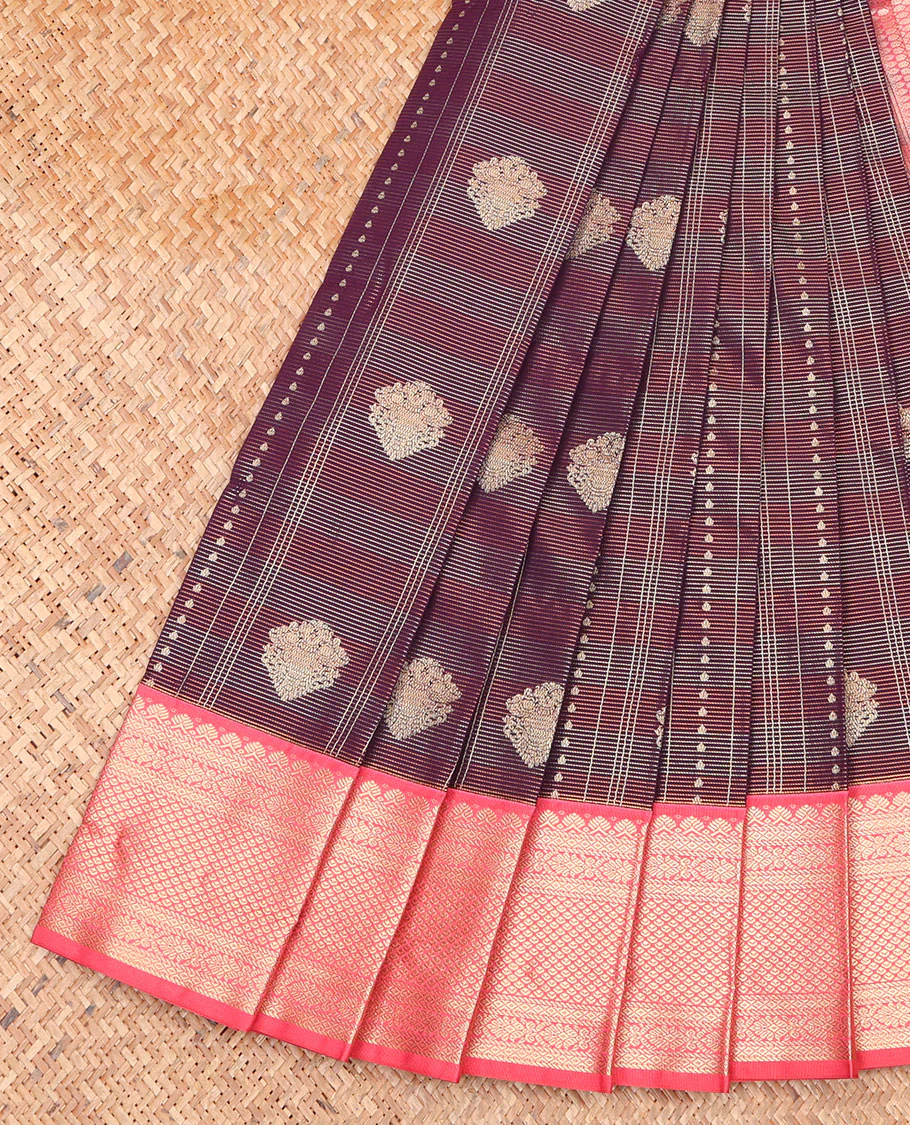 Brown Budget Silk Saree, Masterfully Woven with Zari Buttas and Stripes on Its Body, Complemented by a Contrast Traditional Zari Design Border, Jaal-Patterned Pallu, and Paired with a Contrast Blouse