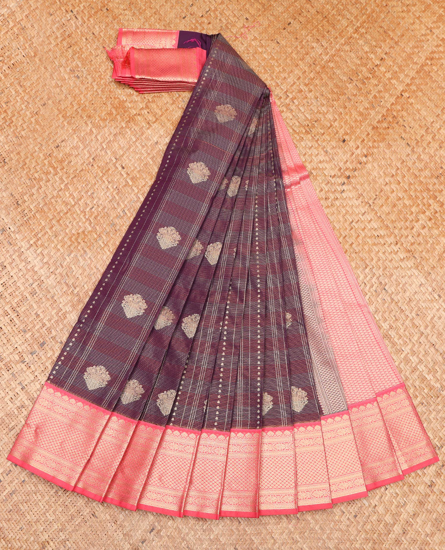 Brown Budget Silk Saree, Masterfully Woven with Zari Buttas and Stripes on Its Body, Complemented by a Contrast Traditional Zari Design Border, Jaal-Patterned Pallu, and Paired with a Contrast Blouse - Image 2