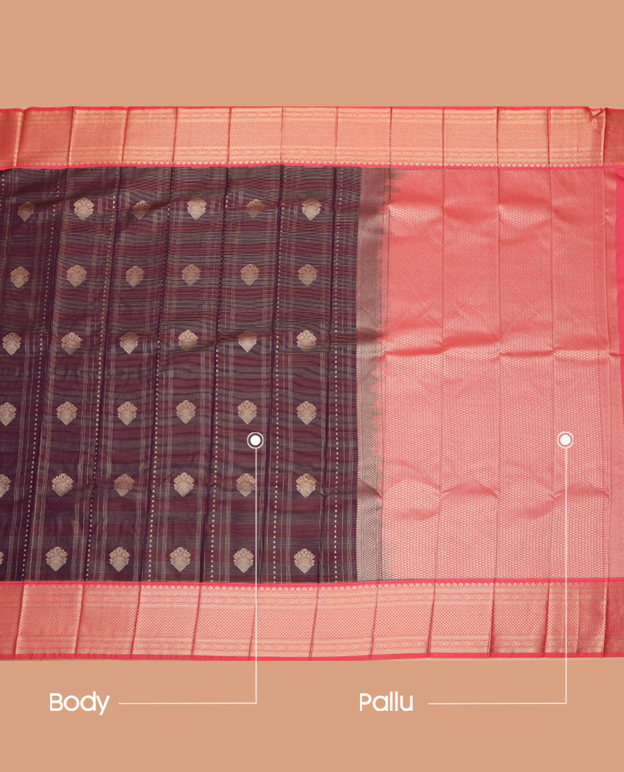 Brown Budget Silk Saree, Masterfully Woven with Zari Buttas and Stripes on Its Body, Complemented by a Contrast Traditional Zari Design Border, Jaal-Patterned Pallu, and Paired with a Contrast Blouse - Image 3