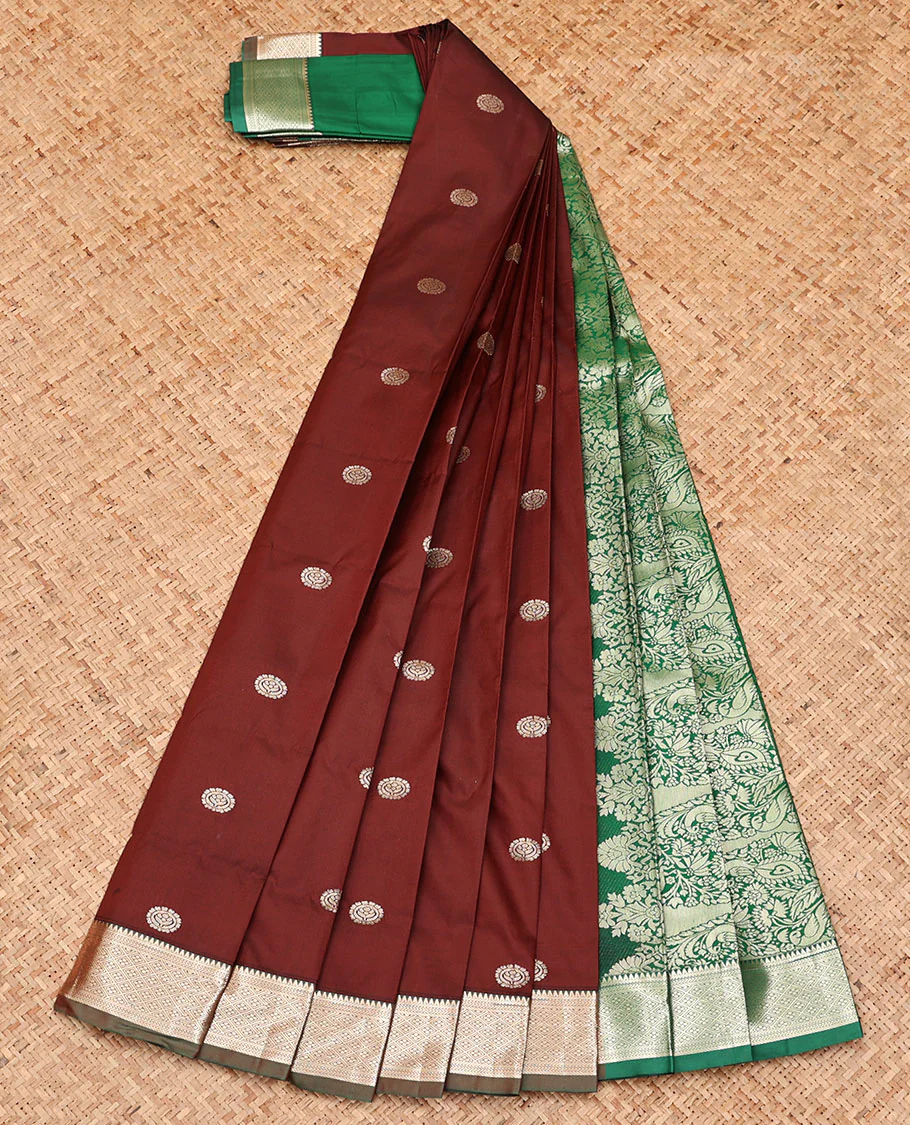 Brown Budget Silk Saree, Opulently Embellished with Zari Buttas, Complemented by a Contrast Traditional Zari Design Border, Grand Floral Design Pallu, and Paired with a Contrast Blouse - Image 2