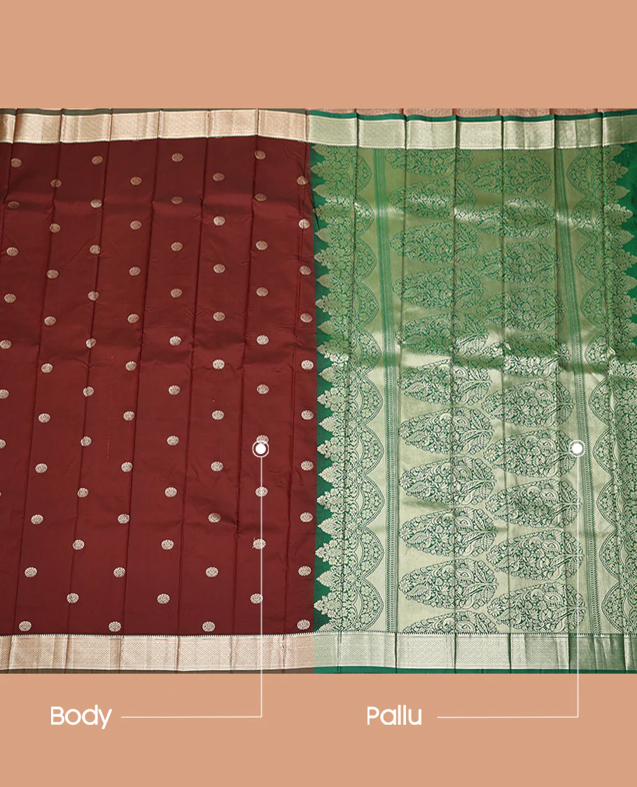 Brown Budget Silk Saree, Opulently Embellished with Zari Buttas, Complemented by a Contrast Traditional Zari Design Border, Grand Floral Design Pallu, and Paired with a Contrast Blouse - Image 3