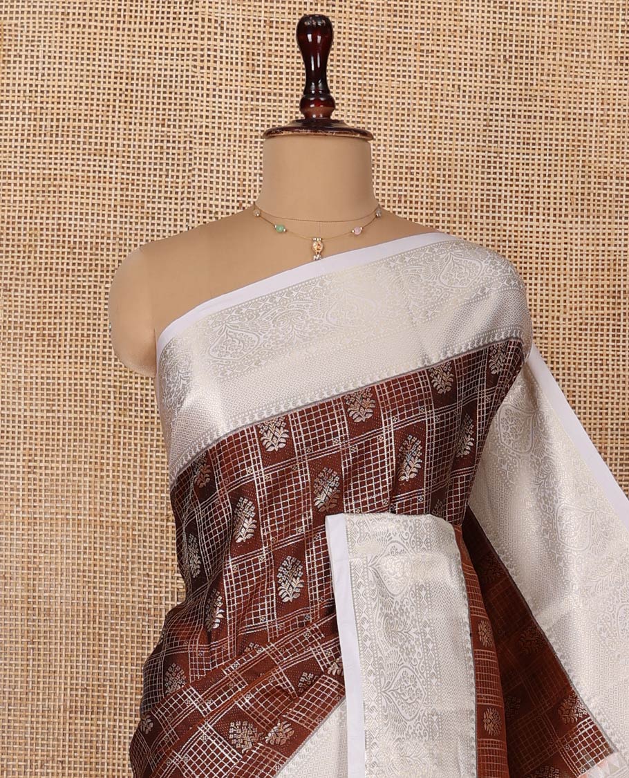 Brown Budget Silk Saree, Ornamented with Peacock and Elephant Motif Enclosed Checks, Complemented by a Contrast Traditional Zari Designs Woven Border, Pallu of Jaal Designs, and Paired with a Contrast Blouse - Image 2