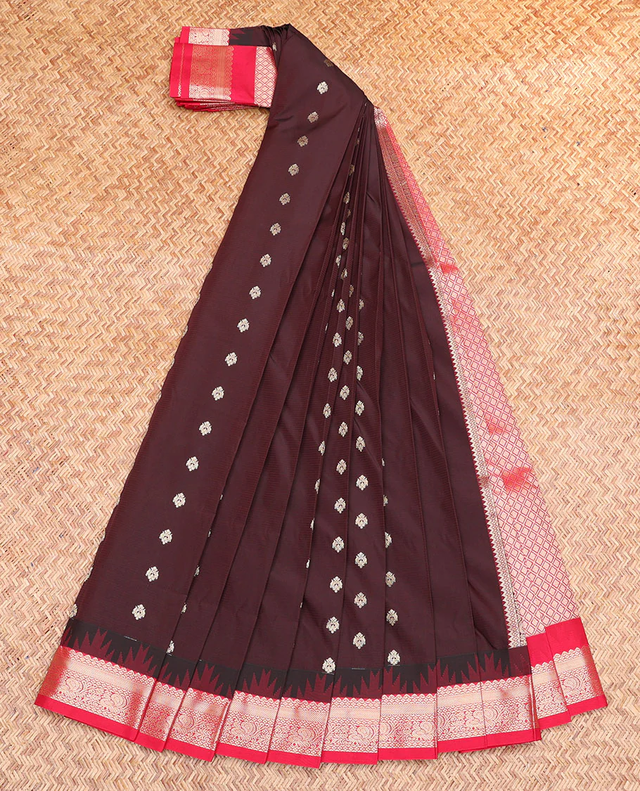 Brown Budget Silk Saree, Ornamented with Zari Buttas, Contrast Traditional Zari Temple Border, Grand Jaal Pallu, and a Contrast Blouse - Image 2