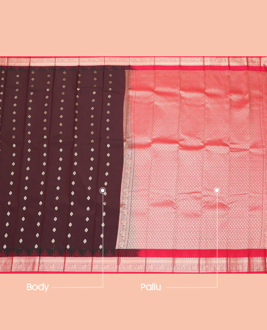 Brown Budget Silk Saree, Ornamented with Zari Buttas, Contrast Traditional Zari Temple Border, Grand Jaal Pallu, and a Contrast Blouse - Image 3