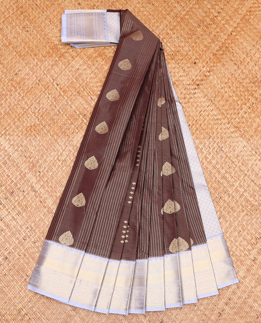 Brown Budget Silk Saree, Spotlighted with Zari Buttas and Zari Checks on Its Body, Complemented by a Contrast Traditional Zari Design Border, Grand Jaal Pallu, and Paired with a Contrast Blouse - Image 2