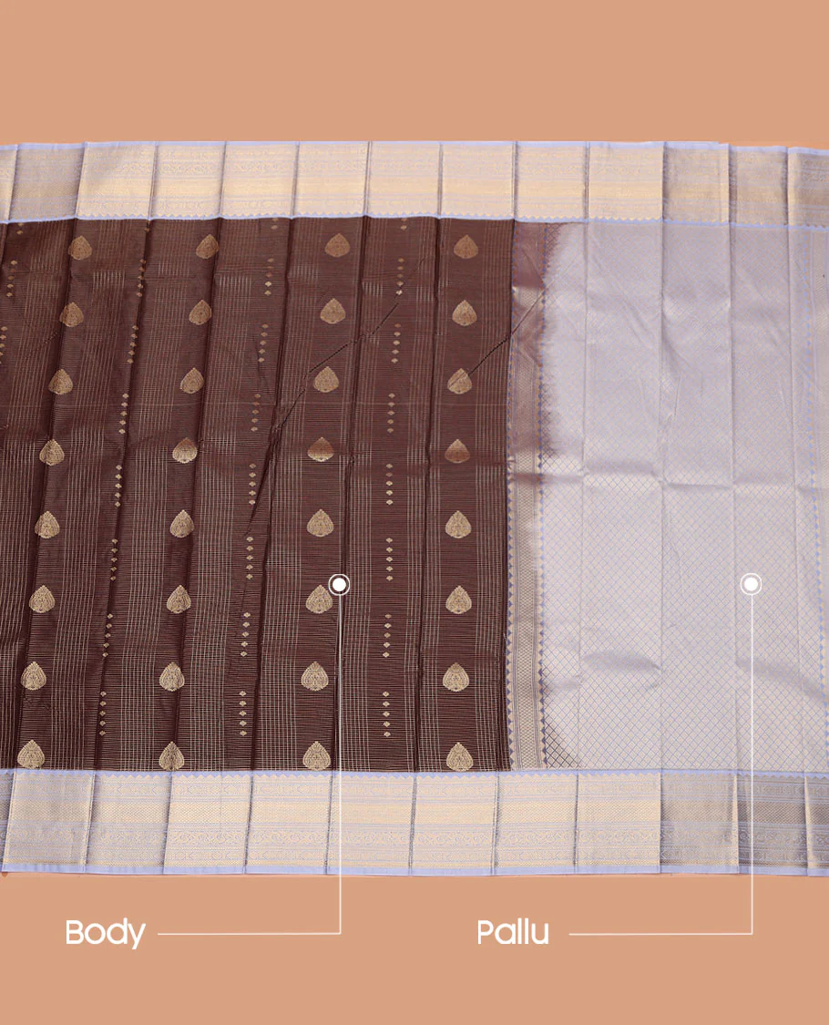 Brown Budget Silk Saree, Spotlighted with Zari Buttas and Zari Checks on Its Body, Complemented by a Contrast Traditional Zari Design Border, Grand Jaal Pallu, and Paired with a Contrast Blouse - Image 3