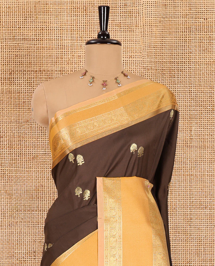 Brown buttas soft silk saree , contrast peacock and mango zari weaving border , contrast weaving rich pallu and contrast Blouse - Image 3