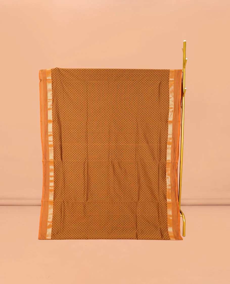 Brown Checked Poly Cotton Saree, Complemented by a Contrast Zari Border, Contrast Striped Pallu, and Paired with a Contrast Blouse