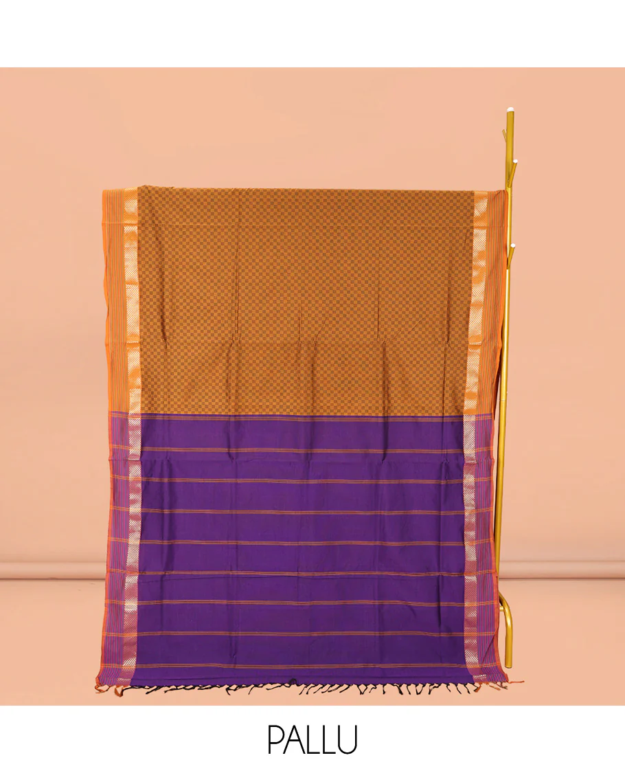 Brown Checked Poly Cotton Saree, Complemented by a Contrast Zari Border, Contrast Striped Pallu, and Paired with a Contrast Blouse - Image 2