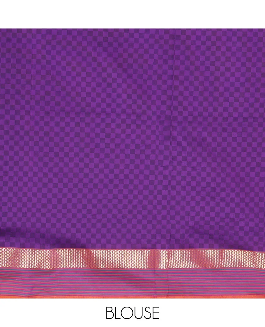 Brown Checked Poly Cotton Saree, Complemented by a Contrast Zari Border, Contrast Striped Pallu, and Paired with a Contrast Blouse - Image 3