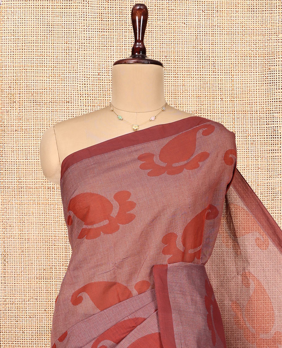 Brown Coimbatore Cotton Saree, Featuring Paisley Buttas on Its Body, a Contrast Border, Pallu of Ogee Design, and Paired with a Contrast Blouse - Image 2